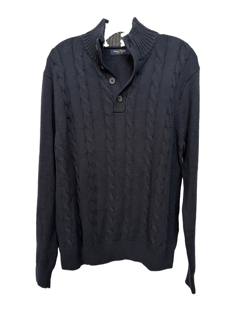 Nautica Sweater Mens M Pullover NAVY Cable Knit 1/4 Button STRETCH Classic LOGO